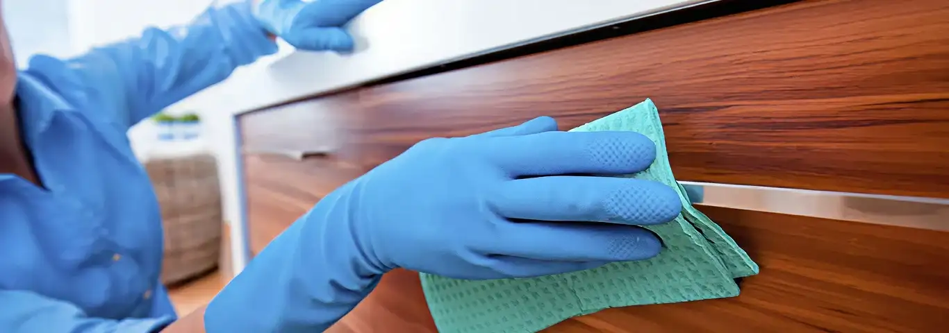 Cleaner wearing blue gloves wiping a wooden cabinet drawer with a microfiber cloth for dust and grime removal, Lakewood, CO.