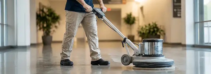 Professional technician using an industrial floor buffer to polish and maintain shiny commercial flooring in a corporate hallway in Lakewood, CO.