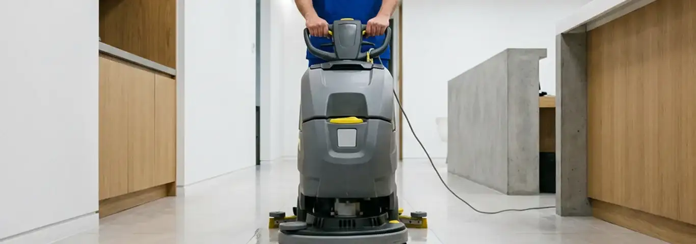Janitorial staff using a floor scrubber machine to clean a commercial hallway, Lakewood, CO.