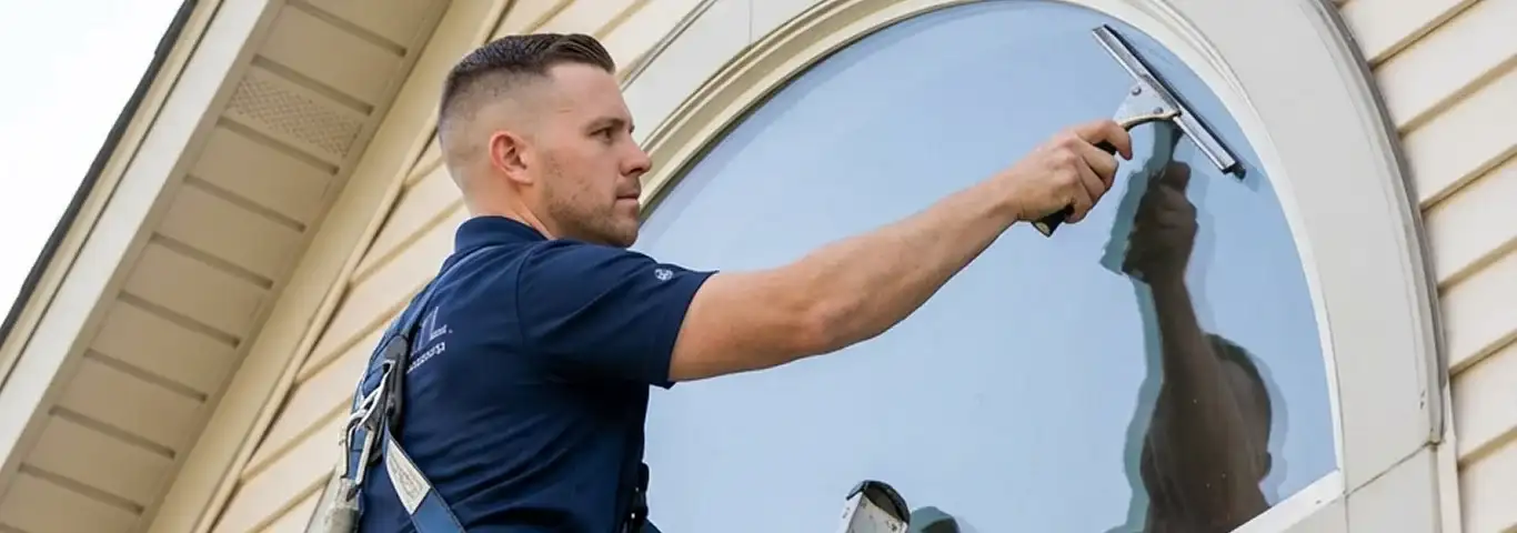 Professional window cleaner using a squeegee to clean an exterior arched window on a home, Lakewood, CO.
