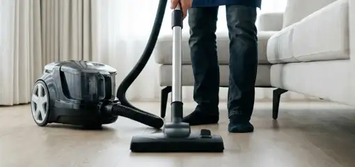 Professional house cleaner vacuuming a living room floor with a canister vacuum cleaner, Lakewood, CO.