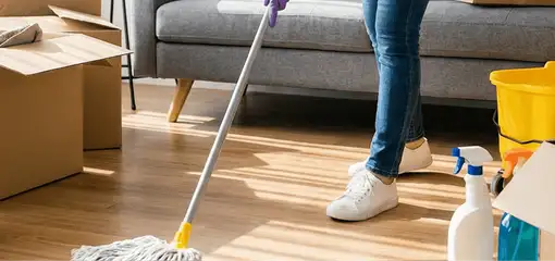 Move-out cleaning setup with a cleaner mopping hardwood floors near moving boxes and cleaning supplies, Lakewood, CO.