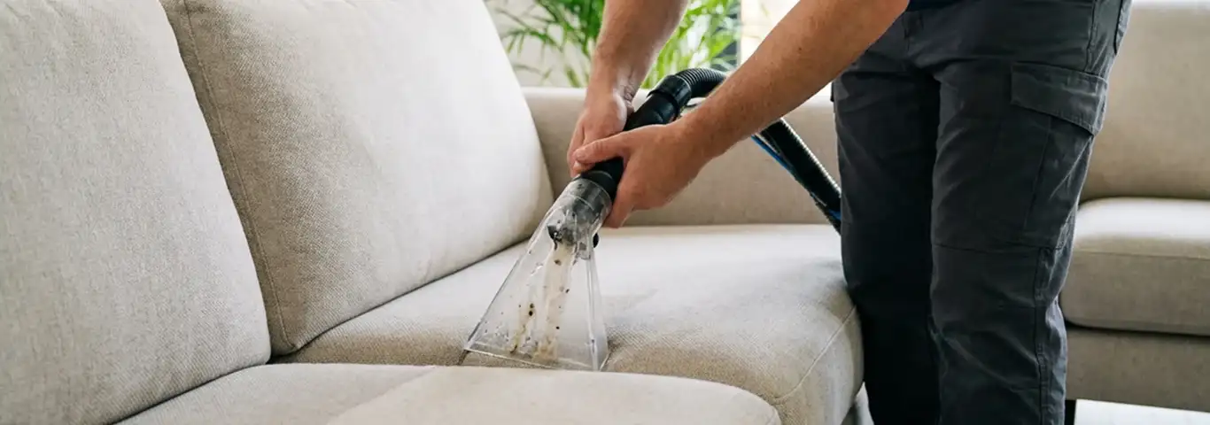 Technician extracting dirt and moisture from a fabric sofa with an upholstery cleaning wand, Lakewood, CO.