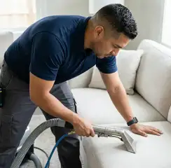 Professional upholstery cleaning technician using an extraction wand to deep-clean a fabric sofa, Lakewood, CO.
