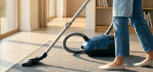 Person vacuuming a living room rug with a canister vacuum cleaner near large windows, Lakewood, CO.